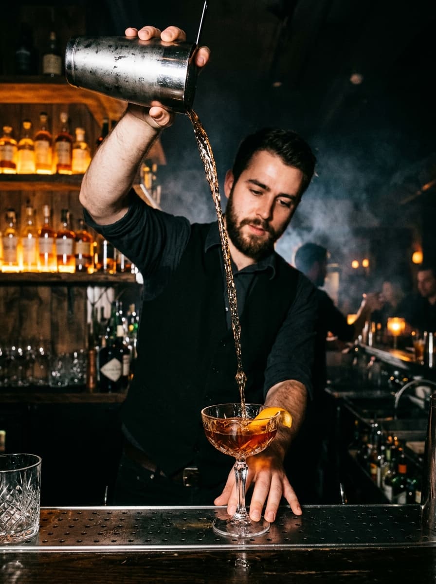 Bartender sirviendo un cóctel en una barra oscura