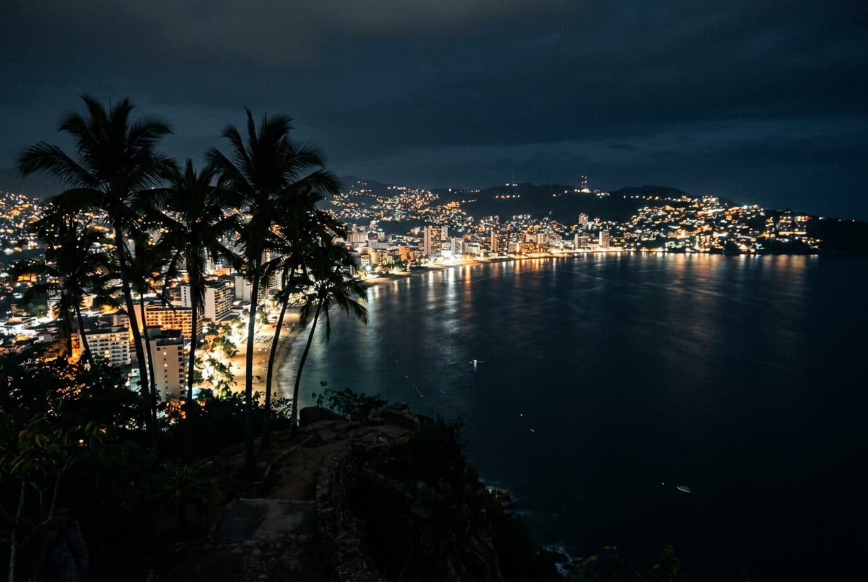 La bahía de Acapulco iluminada de noche entre palmeras