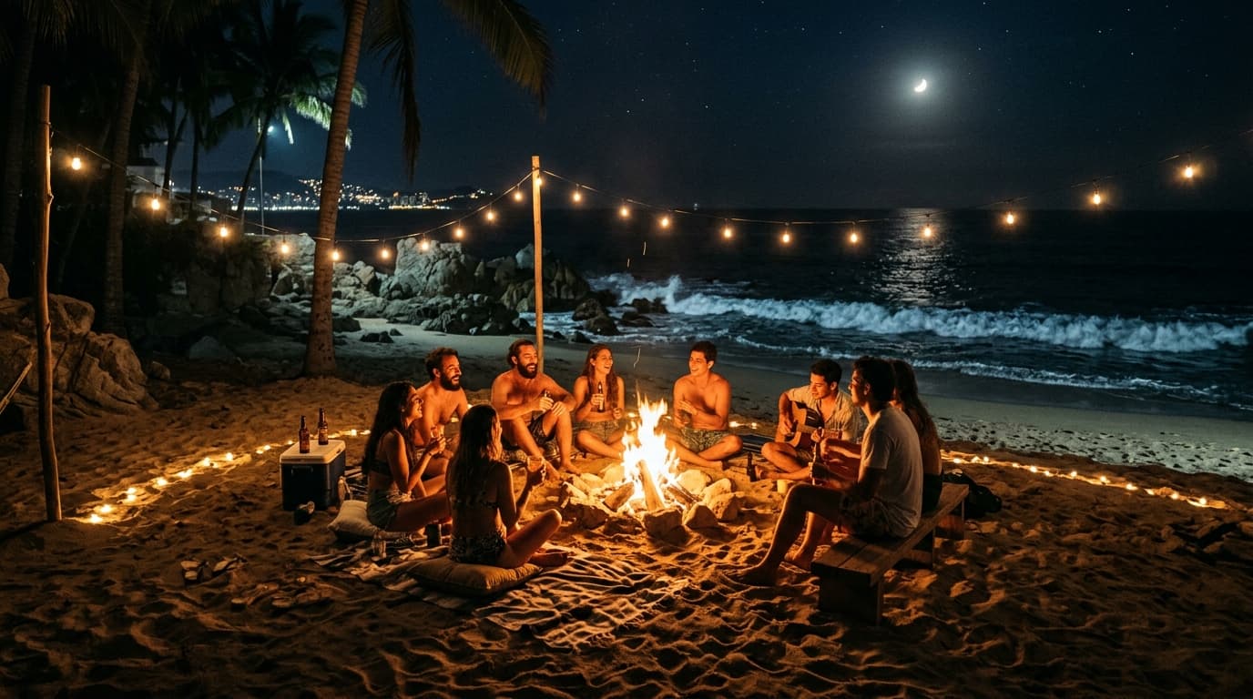 Fiesta privada en la playa con fogata y luces