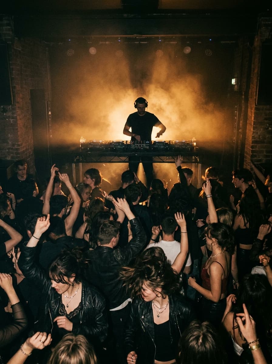 DJ entre humo ámbar frente a una pista llena