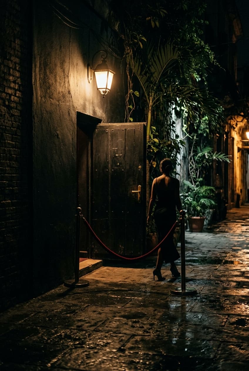 Puerta sin letrero de un club privado con cordón de terciopelo