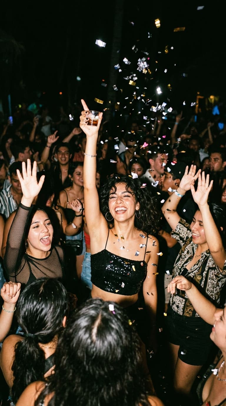 Fiesta nocturna con confeti y amigos con las manos arriba