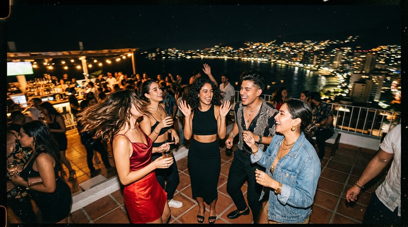 Amigos bailando en una terraza frente a la bahía de Acapulco de noche
