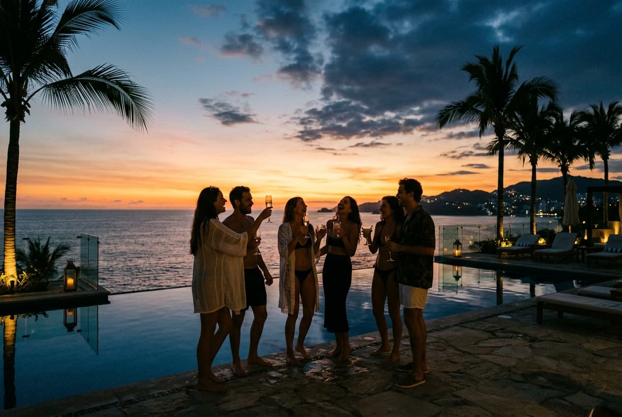 Amigos brindando en una alberca infinita al atardecer en Acapulco