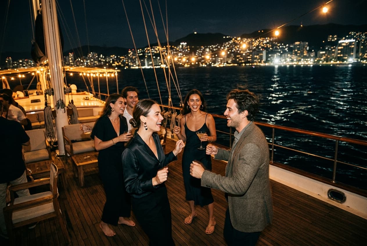 Amigos bailando en la cubierta de un velero en la bahía